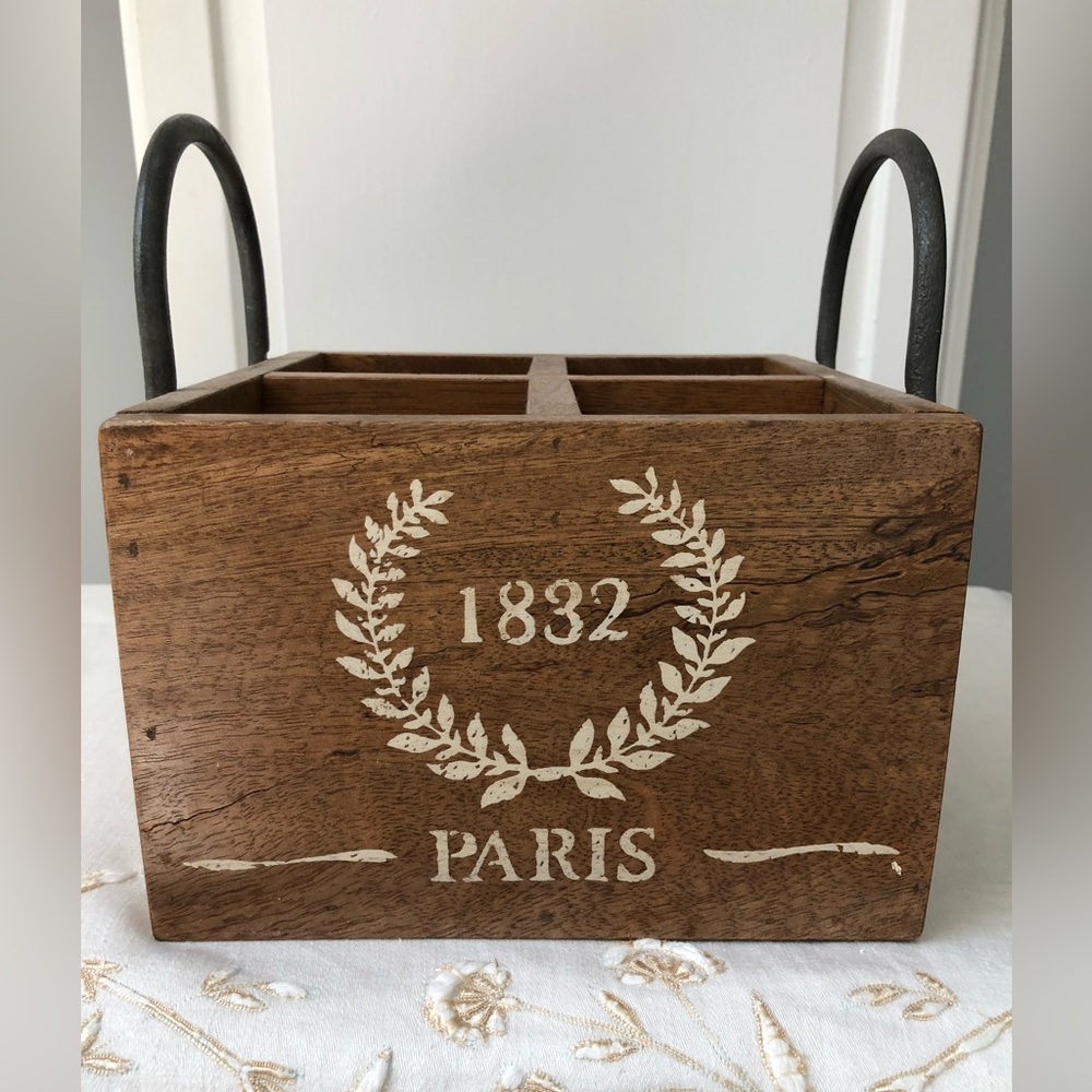 Rustic Look Wooden Compartment Box With Metal Handles